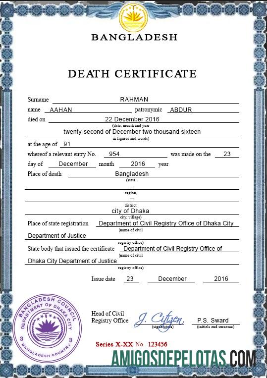 Para baixar modelo PSD de certidão de óbito de registro vital de Bangladesh